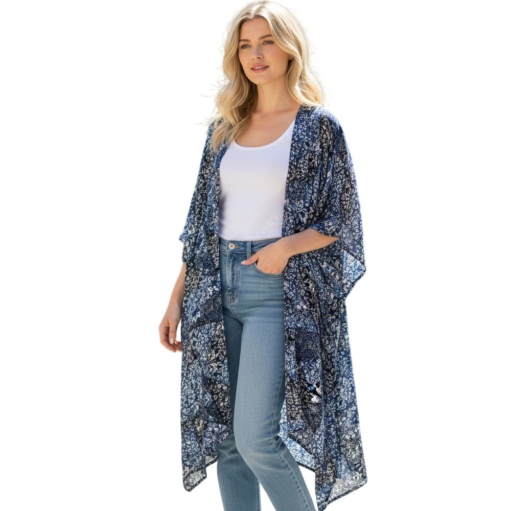 Yak & Yeti Womens Blue Black Floral Patchwork Kimono One Size Coastal Cowgirl